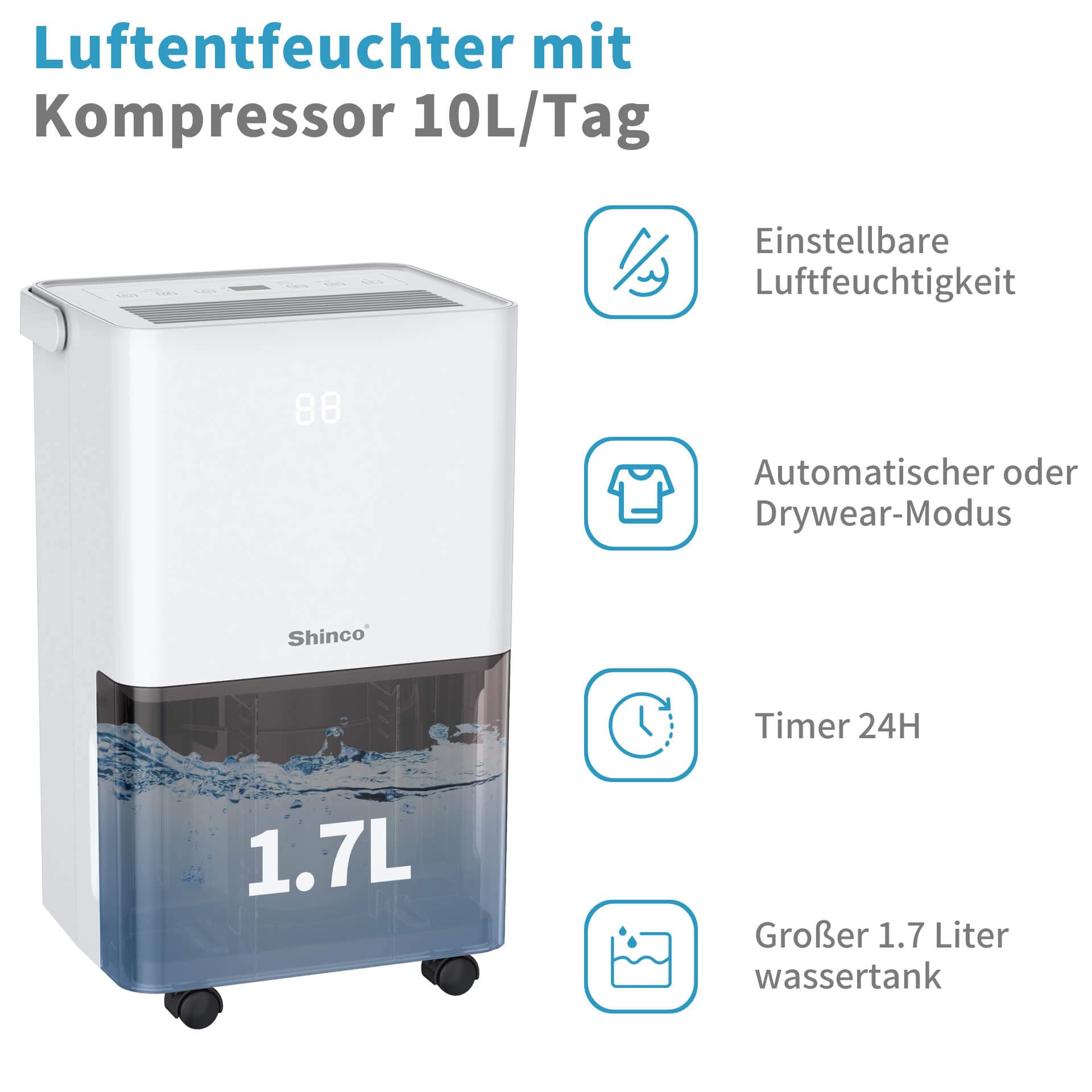 SHINCO Luftentfeuchter Elektrisch 10L,Raumentfeuchter mit Feuchtigkeitssensor,Energieeinsparung,Entfeuchter mit Aktivkohlefilter,Wäsche trocknen,Automatischer Neustart,Ablaufschlauch,45m³/15m²