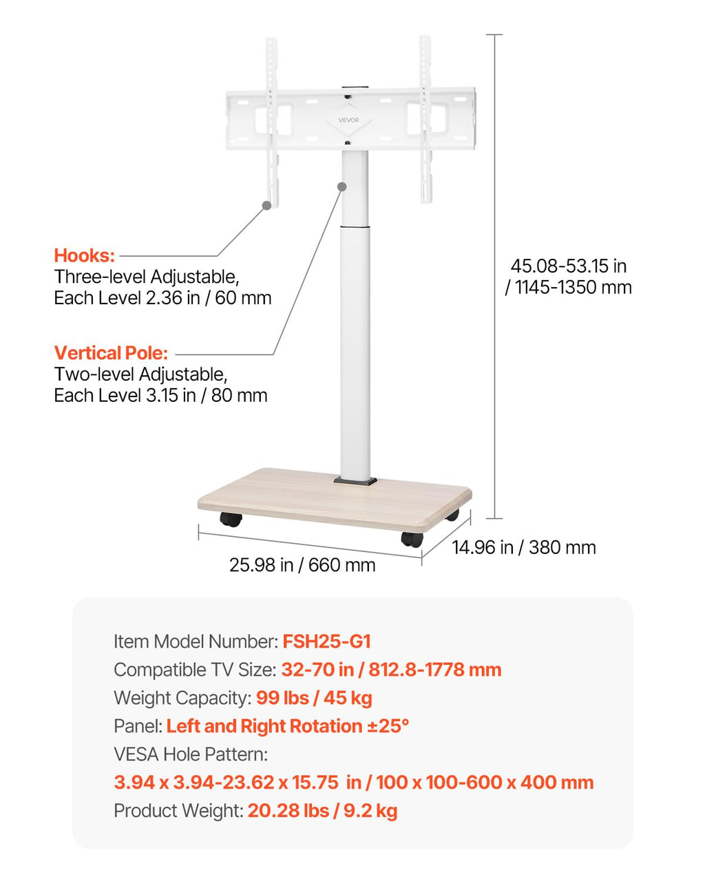 VEVOR rollbarer TV-Ständer TV-Wagen für 812,8-1778 mm TVs bis zu 45 kg, 25° Links-Rechts-Drehung & höhenverstellbare TV-Halterung mit Regal für Ecke Schlafzimmer Wohnzimmer (max. 600 x 400 mm)