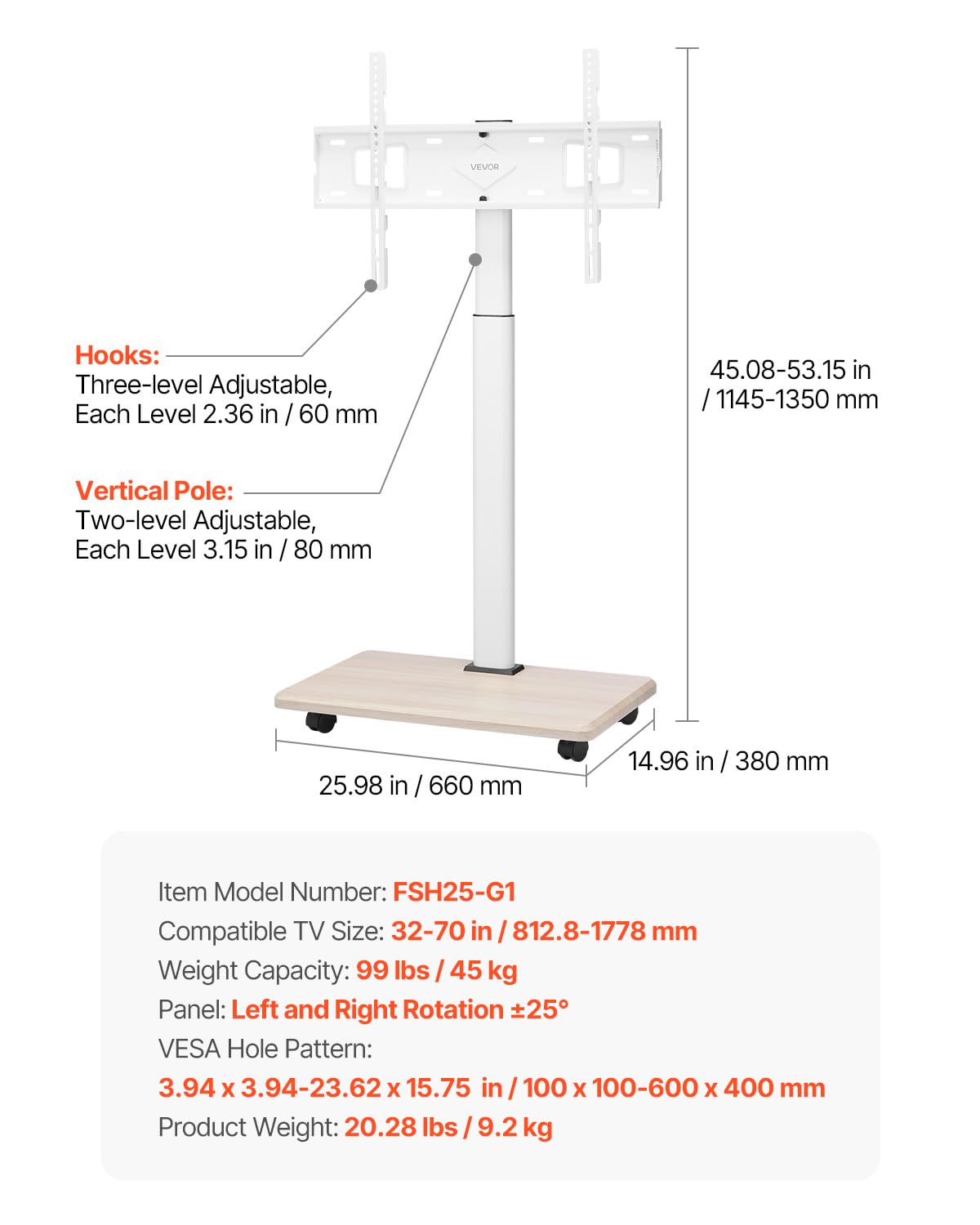 VEVOR rollbarer TV-Ständer TV-Wagen für 812,8-1778 mm TVs bis zu 45 kg, 25° Links-Rechts-Drehung & höhenverstellbare TV-Halterung mit Regal für Ecke Schlafzimmer Wohnzimmer (max. 600 x 400 mm)