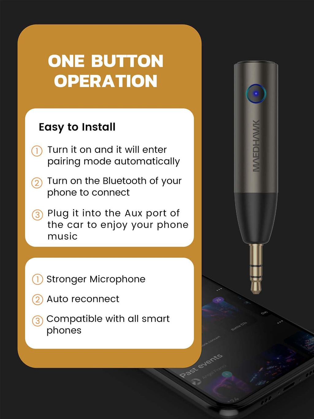 MaedHawk Aux Bluetooth 5.3 Adapter Auto, Drahtloser Bluetooth Empfänger Mini Adapter AUX Für Stereo/Kabelgebundene Kopfhörer, Freisprechgespräche, Dual-Verbindung