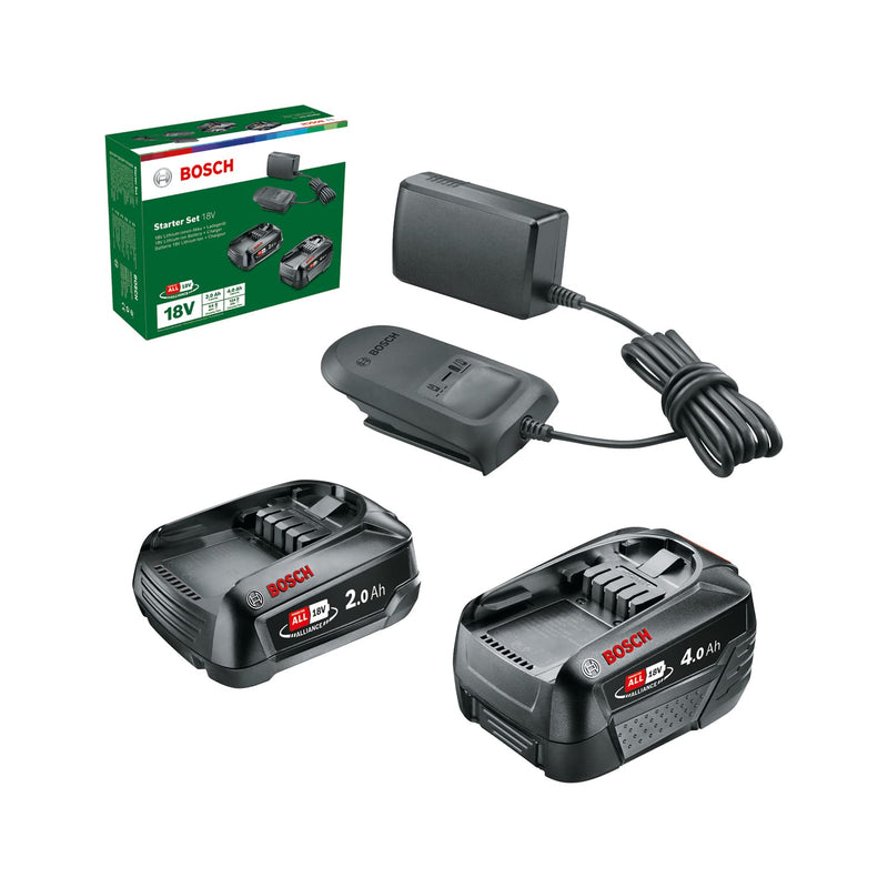 Bosch Akku und Ladegerät Starter Set 18V (2X Akku 2,0 Ah + 4,0 Ah, AL18V-20 Ladegerät, 18 Volt System, im Karton)