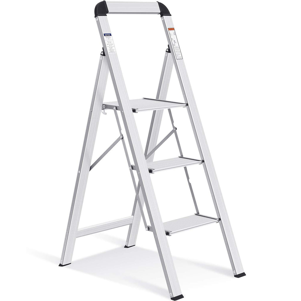 KINGRACK Leiter Aluminium, Trittleiter 3 stufen klappbar, leiter 3 stufen mit Handlauf Belastbar bis 150 kg, rutschfeste Haushaltsleiter mit Klappsicherung, Aluleiter für Zuhause, Büro, Garten, Silber