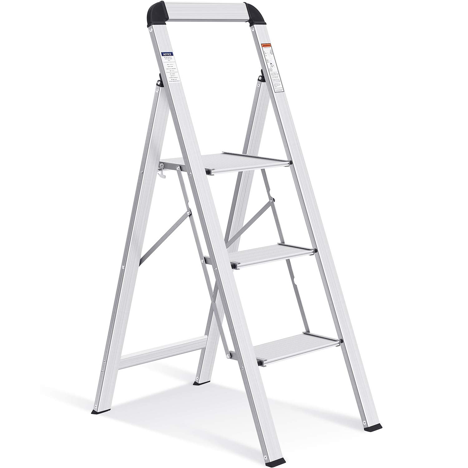 KINGRACK Leiter Aluminium, Trittleiter 3 stufen klappbar, leiter 3 stufen mit Handlauf Belastbar bis 150 kg, rutschfeste Haushaltsleiter mit Klappsicherung, Aluleiter für Zuhause, Büro, Garten, Silber