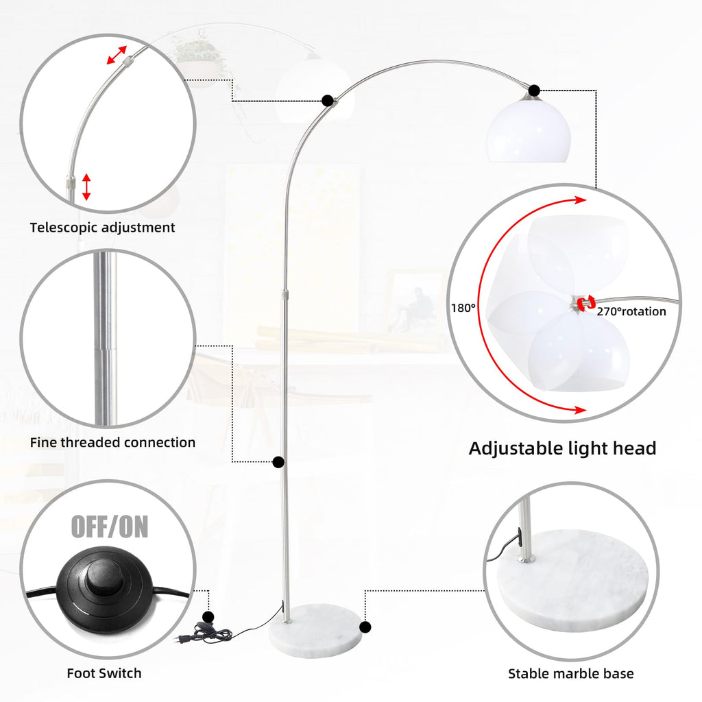 CCLIFE LED E27 Bogenlampe höhenverstellbar Marmorfuß weiß orange Stehlampe Stehleuchte Standleuchte Bogenleuchte Bogenstandleuchte, Farbe:Weiss, höhenverstellbar 130-180cm