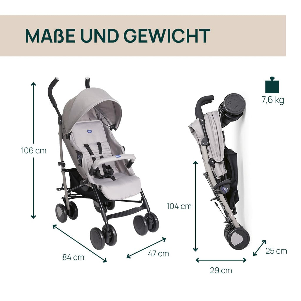 Chicco Echo Lite Kinderwagen, Buggy ab Geburt bis 22 kg, verstellbare Rückenlehne, geräumiger Sitz, Stoßstangenmanschette, Schirmbuggy, Zwillingsbremsen und schwenkbare Vorderräder, Beige