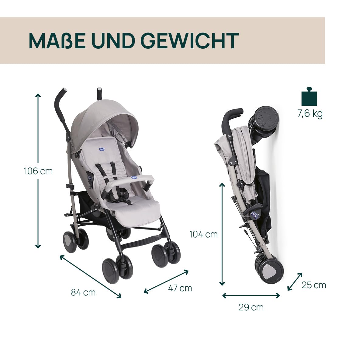 Chicco Echo Lite Kinderwagen, Buggy ab Geburt bis 22 kg, verstellbare Rückenlehne, geräumiger Sitz, Stoßstangenmanschette, Schirmbuggy, Zwillingsbremsen und schwenkbare Vorderräder, Beige