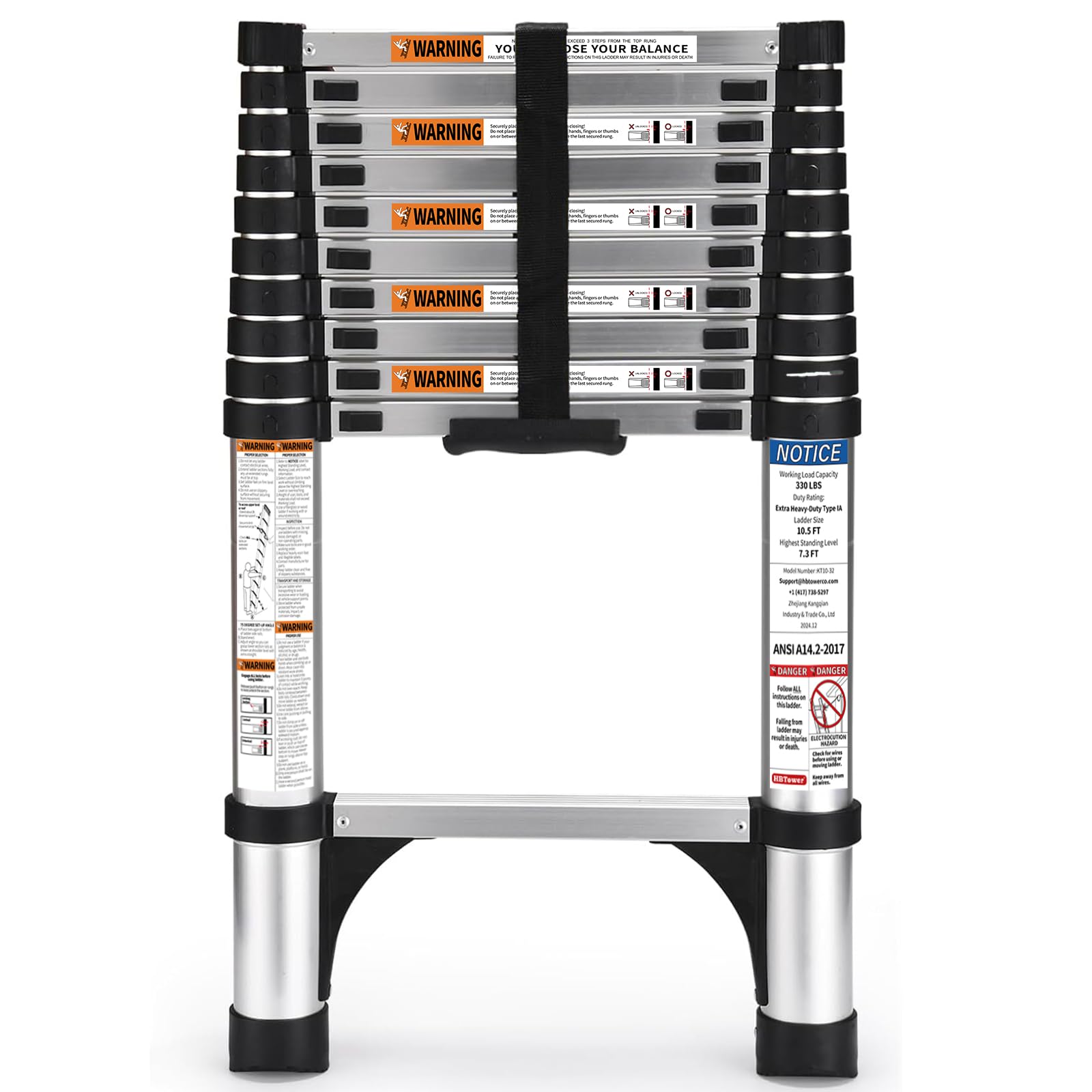 HBTower Teleskopleiter 3,2 m aus Aluminium, Klappbare Ausziehleiter mit Rutschfesten Füßen, Leicht & Kompakt, Tragkraft 150 kg, Ideal für Deckenarbeiten & Dachböden, Silber