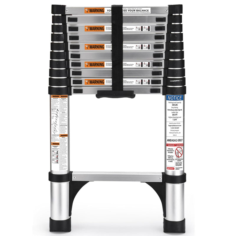 HBTower Teleskopleiter 3,2 m aus Aluminium, Klappbare Ausziehleiter mit Rutschfesten Füßen, Leicht & Kompakt, Tragkraft 150 kg, Ideal für Deckenarbeiten & Dachböden, Silber