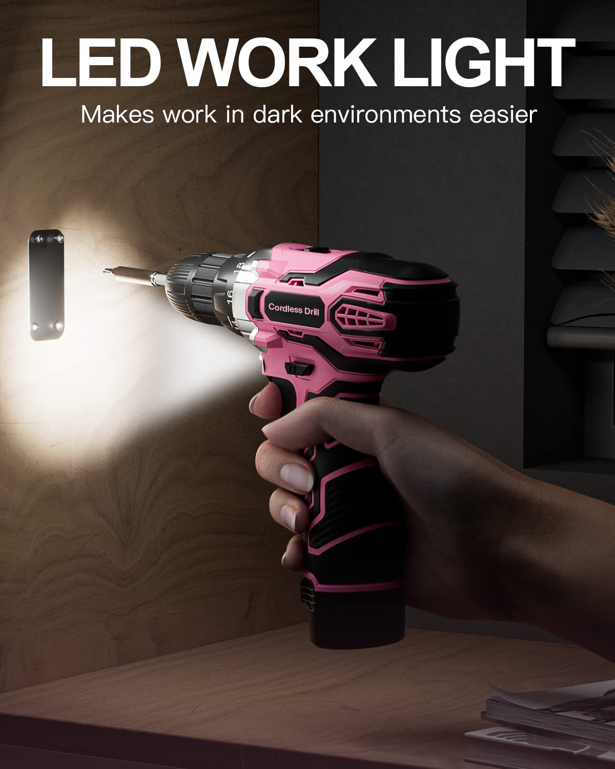 Akkuschrauber 12V Pink Rosa, Akkubohrer Klein, Akku Bohrschrauber Set mit 15 Zubehör und Tasche, 18+1 Drehmomentstufen, 10mm Bohrfutter, 2-Gang, LED-Licht, Leicht Akku Schrauber für Reparatur & DIY