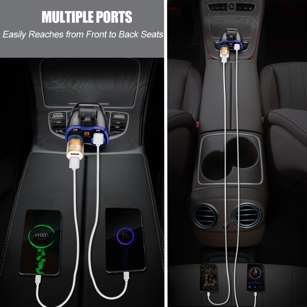 USB C Auto Ladegerät Zigarettenanzünder Verteiler Adapter Splitter Typ C KFZ Ladegerät 2 Fach Steckdose 12V/24V DC 120W mit LED Voltmeter Schalter Dual USB Port