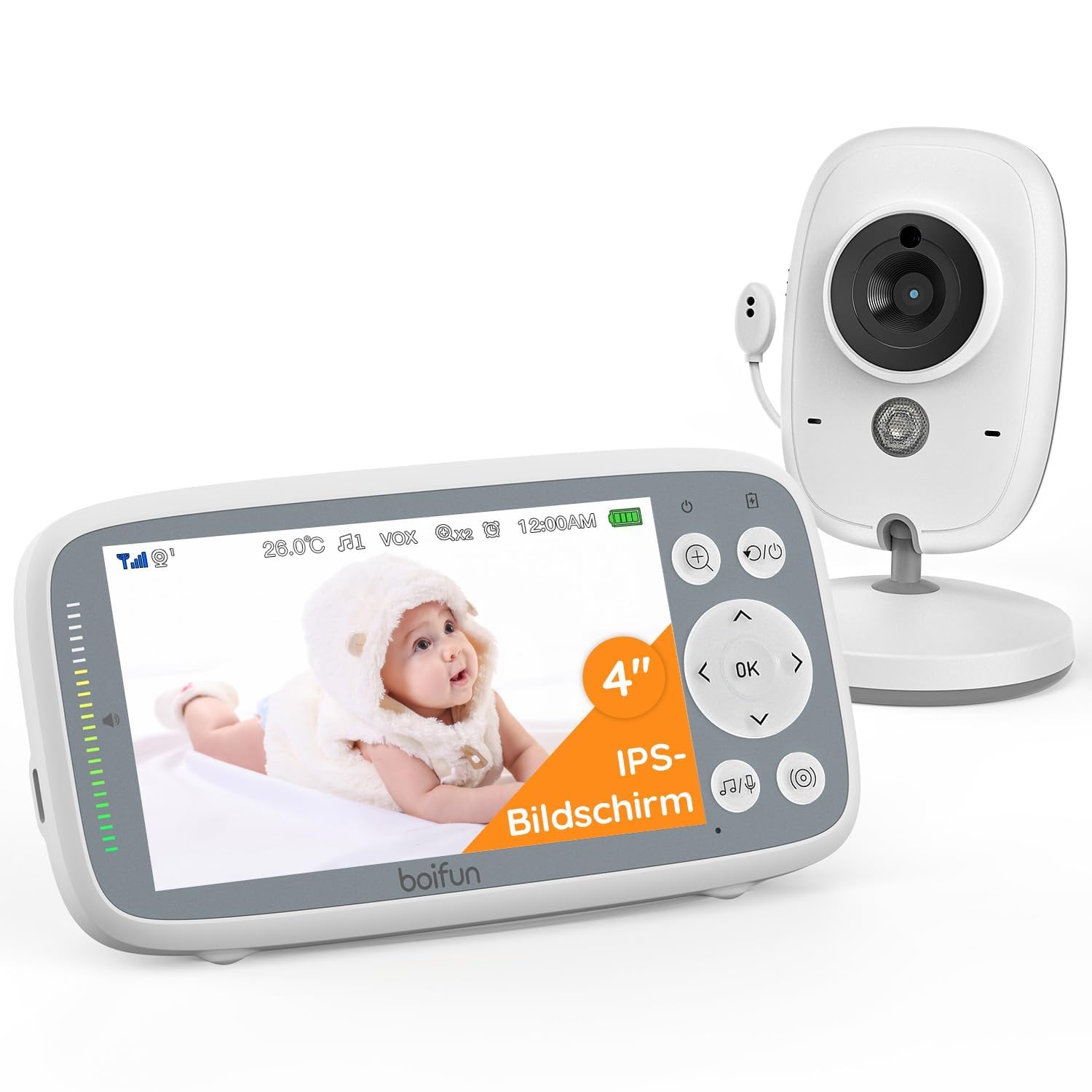 BOIFUN Babyphone mit Kamera, 4 Zoll 720P Monitor, Ohne WLAN, Nachtsicht, 11 Stunden Akkulaufzeit, Energiesparmodus, 2 Wege Audio, Schallerkennung, Temperaturerkennung, 3X Zoom, Schlaflieder