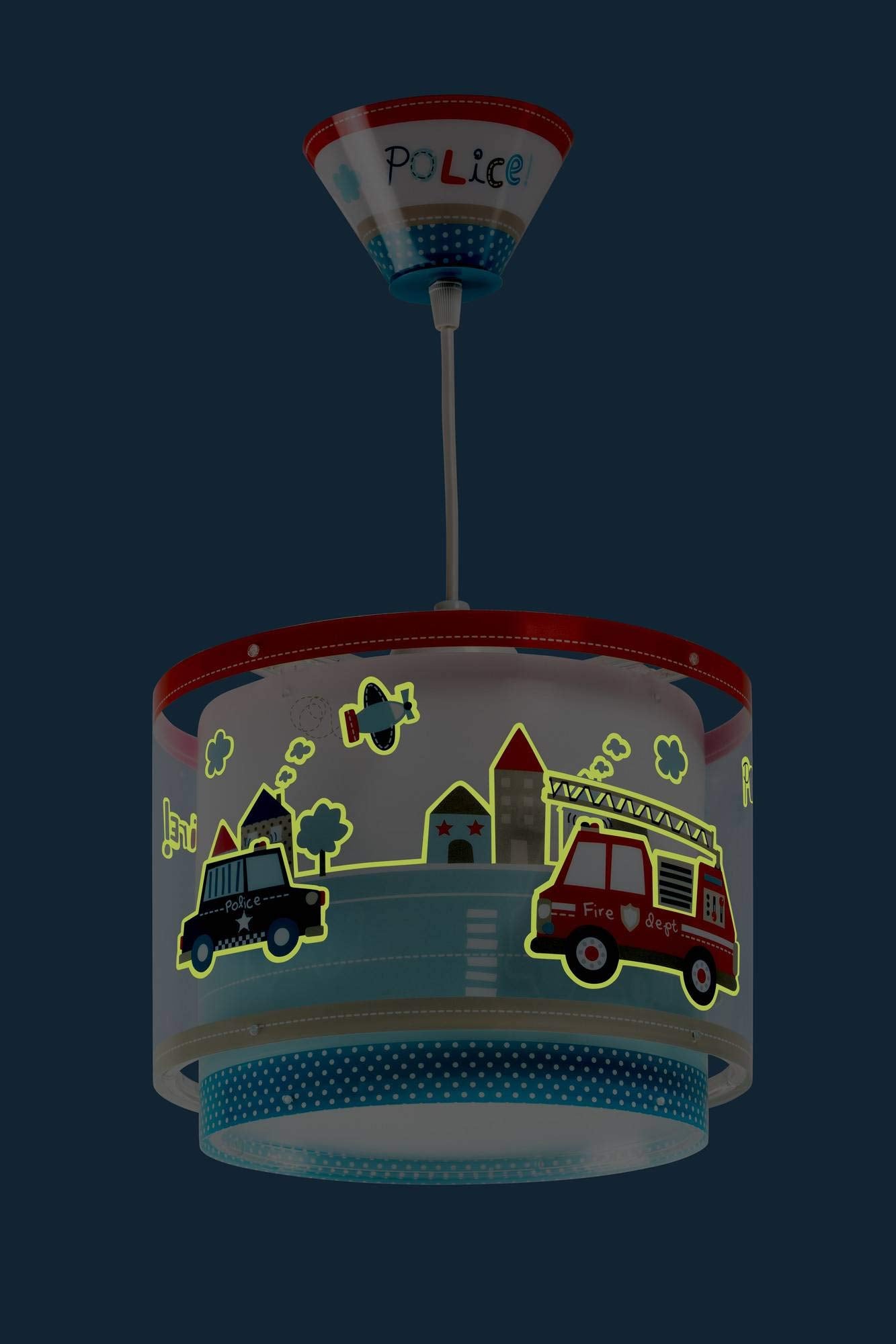 DALBER Kinderleuchte Pendelleuchte POLIZEI Deckenleuchte Kinderzimmer Kinderlampe, Blau, 26.5 x 26.5 x 21 cm