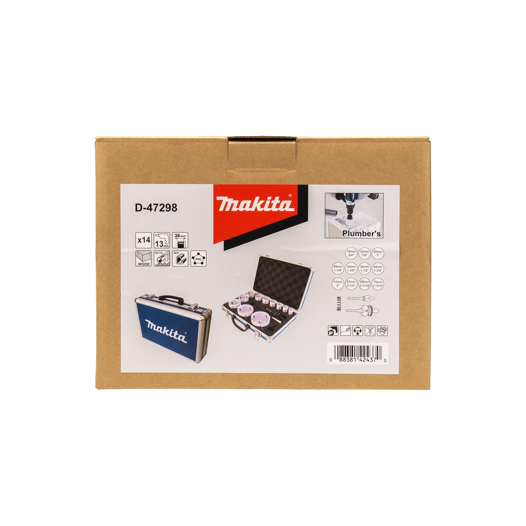 Makita D-47298 BiM-Lochsägen-Set 14-teilig im Alukoffer, Bi-Metall Lochsägen Ø 19-75 mm, Schnitttiefe 38 mm, für Holz, Metall Aluminium, Kunststoff