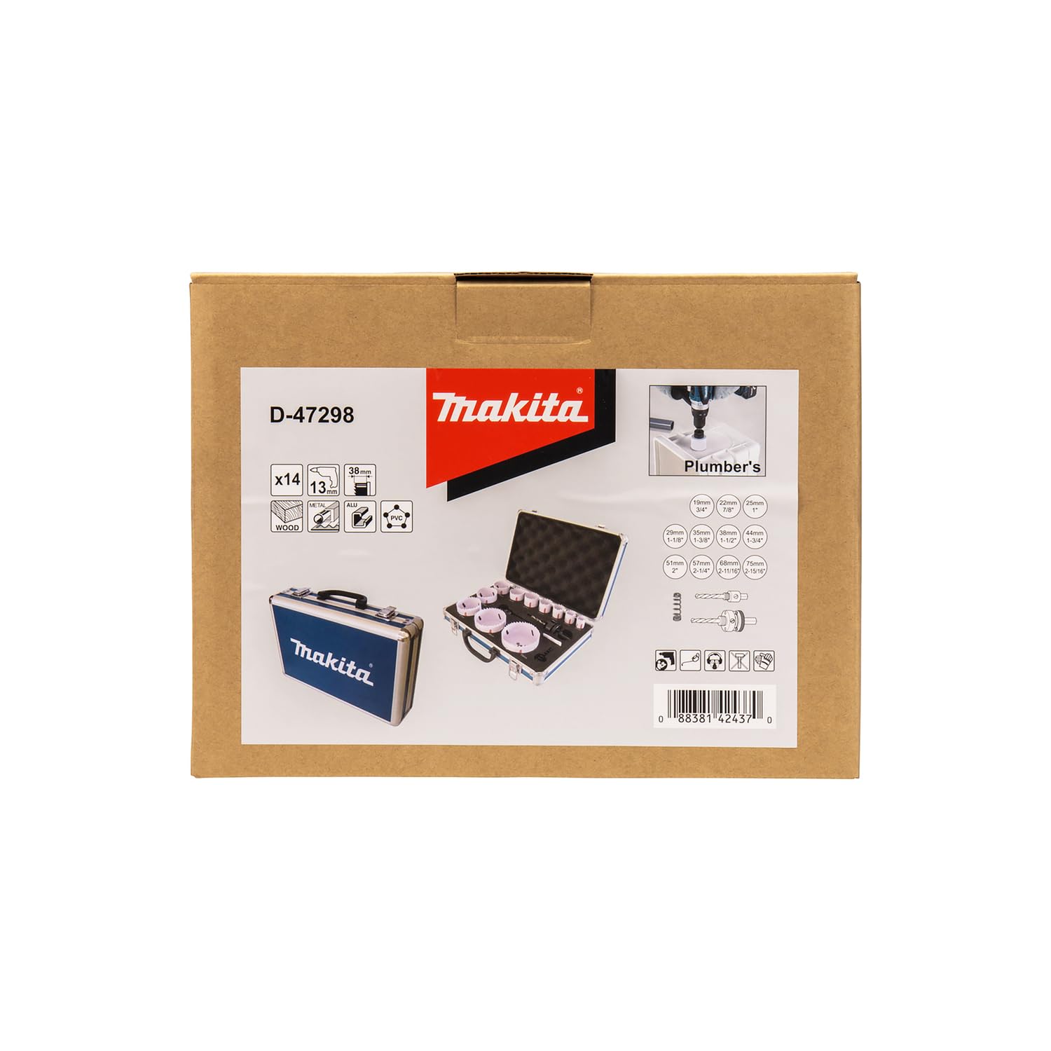 Makita D-47298 BiM-Lochsägen-Set 14-teilig im Alukoffer, Bi-Metall Lochsägen Ø 19-75 mm, Schnitttiefe 38 mm, für Holz, Metall Aluminium, Kunststoff