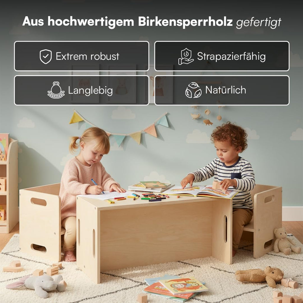 Bellabino Aki Kindersitzgarnitur - Kindermöbel Set 3 teilig - 2in1 Kinderhocker/Beistelltisch aus Holz Natur - Montessori Wendebank Birke - Kindersitzgruppe Indoor - Kindertisch mit Kinderstuhl