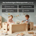 Bellabino Aki Kindersitzgarnitur - Kindermöbel Set 3 teilig - 2in1 Kinderhocker/Beistelltisch aus Holz Natur - Montessori Wendebank Birke - Kindersitzgruppe Indoor - Kindertisch mit Kinderstuhl