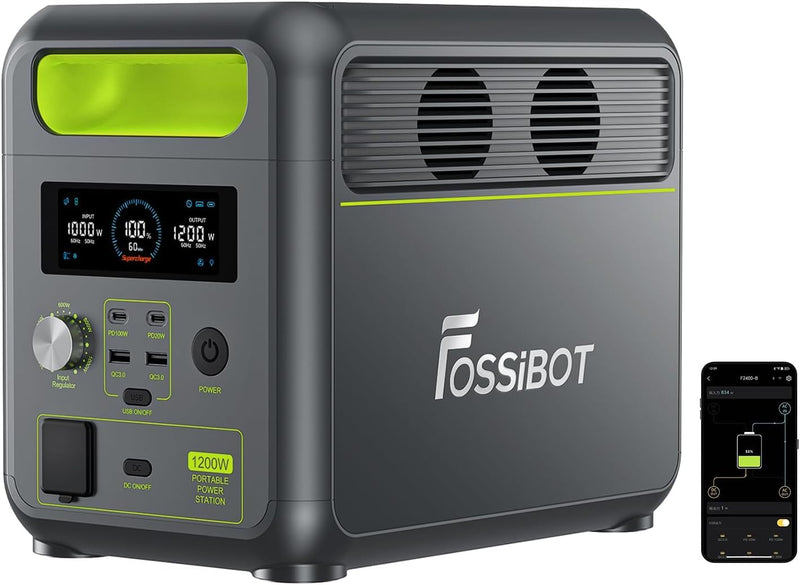 FOSSiBOT Tragbare Powerstation F1200, 1024Wh LiFePO4 Solargenerator mit 2 1200W AC (Spitze 2400W), 100W Typ-C, 0-100% Akku in 45 Min Power Station, für Camping, Wohnmobil, RV, Reisen