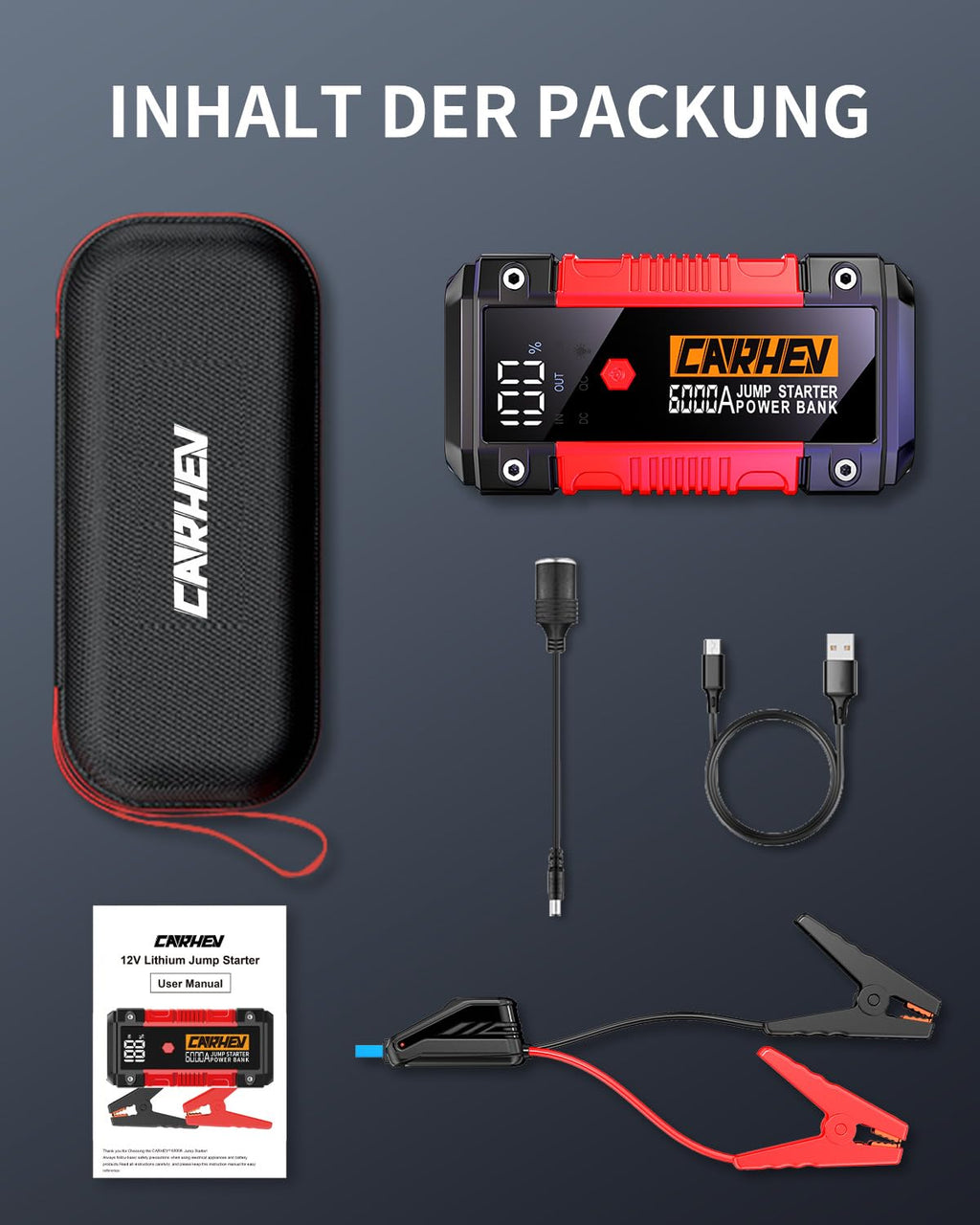 CARHEV Starthilfe Powerbank für pkw, 6000A Spitzenstrom Auto Starthilfe Powerbank, 12V Starter Powerbank(Bis zu 10L Benzin und 10L Diesel) Tragbarer Batterie Booster Jump Starter mit LED Taschenlampe