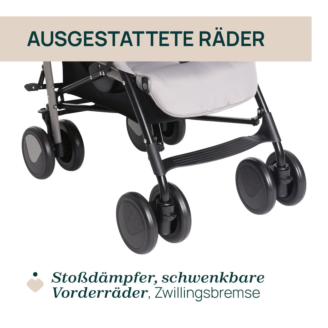 Chicco Echo Lite Kinderwagen, Buggy ab Geburt bis 22 kg, verstellbare Rückenlehne, geräumiger Sitz, Stoßstangenmanschette, Schirmbuggy, Zwillingsbremsen und schwenkbare Vorderräder, Beige