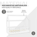 ML-Design Kinderbett 70x140 cm mit Rausfallschutz, Dach und Lattenrost, Weiß, Massivholz Kinder Bett, Hausbett für Mädchen/Jungen, Bettenhaus aus massivem Kiefernholz, Bodenbett Jugendbett Kinderhaus