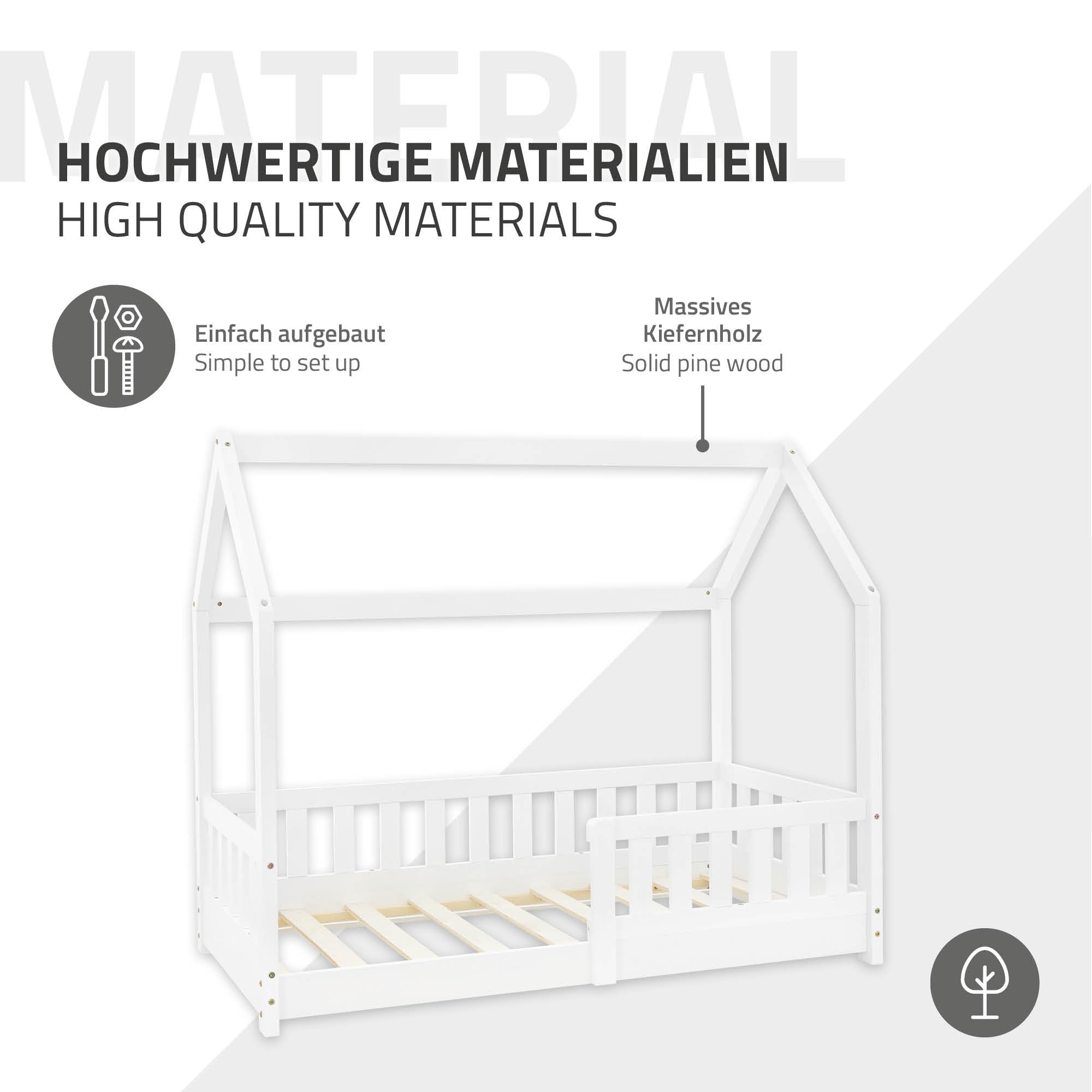 ML-Design Kinderbett 70x140 cm mit Rausfallschutz, Dach und Lattenrost, Weiß, Massivholz Kinder Bett, Hausbett für Mädchen/Jungen, Bettenhaus aus massivem Kiefernholz, Bodenbett Jugendbett Kinderhaus