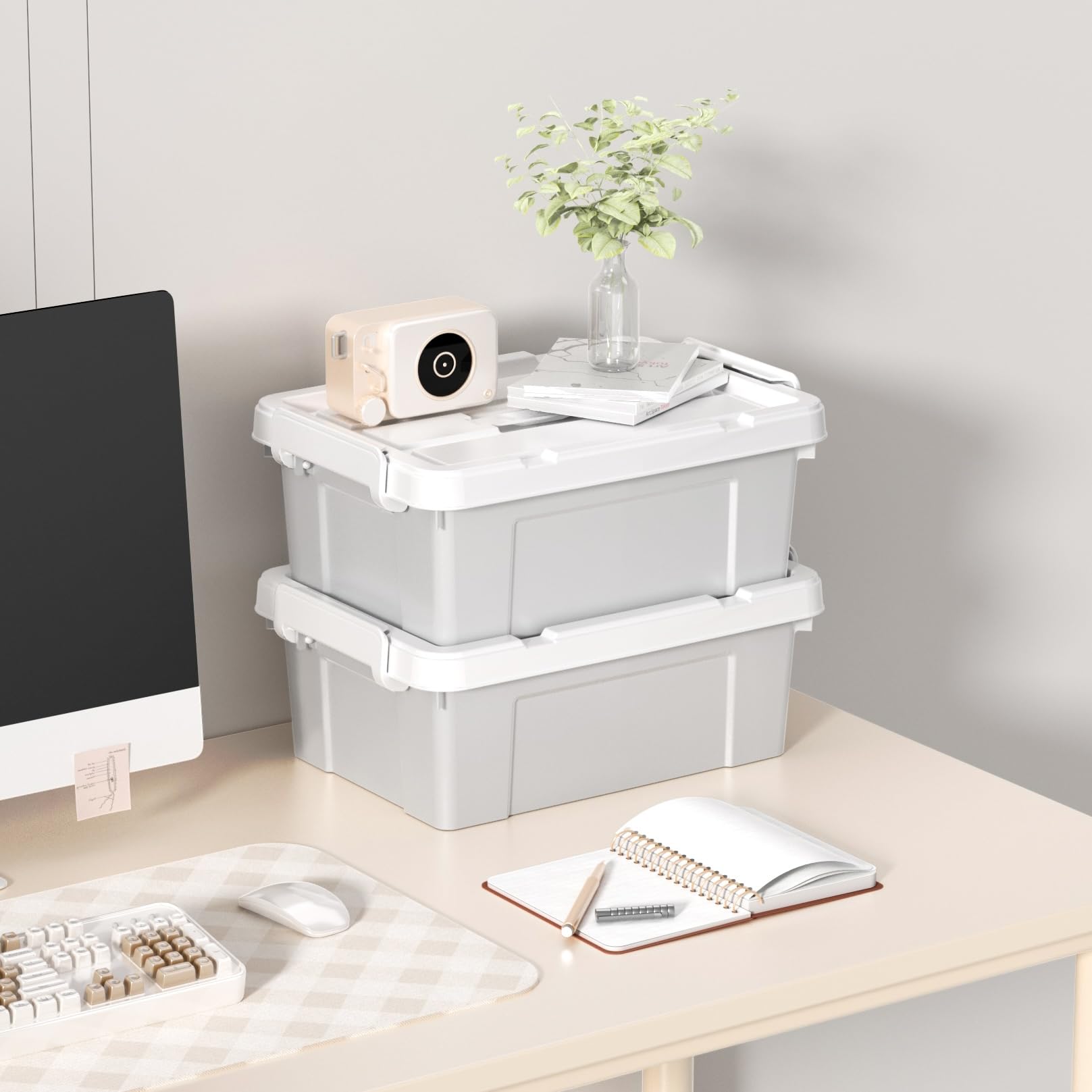 Cetomo 15L*4 Aufbewahrungsboxen, Tragbare Plastikboxen mit Deckeln, Organizer-Behälter mit Griff und Clips, Stapelbar, Ineinander Nestbar, für Zuhause und Büro, Grau, 15L-4er Pack