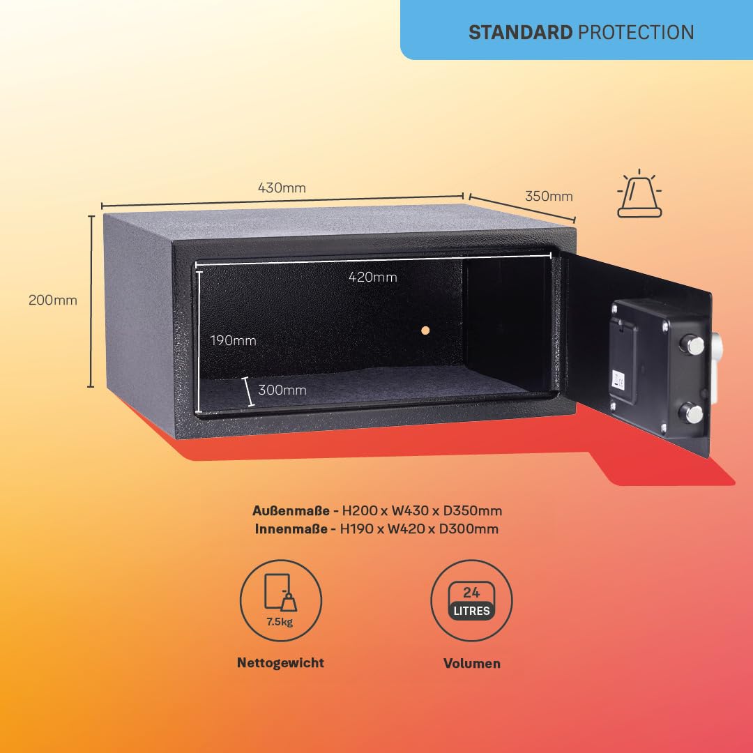 Yale Elektronischer Tresor mit Alarm YLC/200/DB2, 24 L, Schwarz – 3–6-stelliger PIN-Code, Mastercode, Doppelbolzenverriegelung, inkl. 2 Schlüssel, ideal für Laptop, Hotel & Zuhause