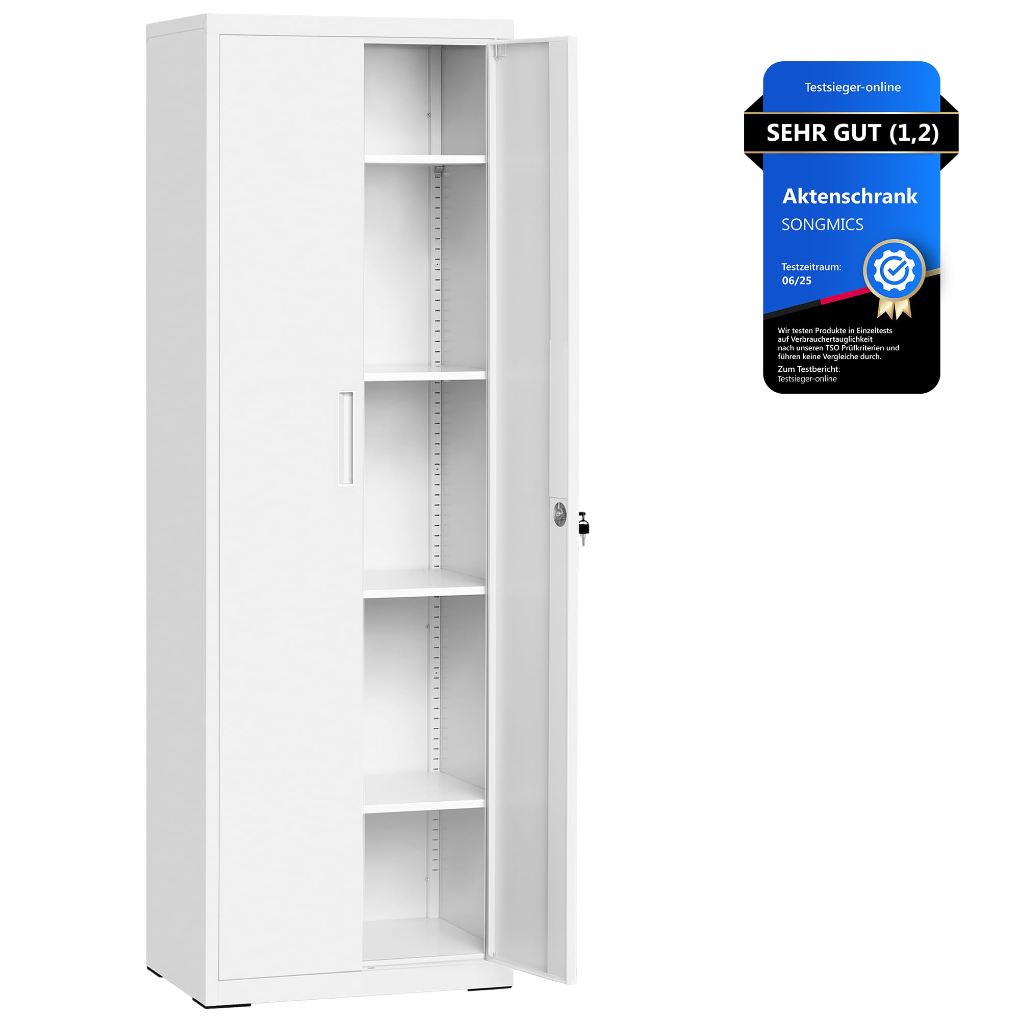 SONGMICS Aktenschrank, Mehrzweckschrank, Aufbewahrungsschrank, 5 Ebenen, 40 x 60 x 180 cm, Doppeltüren, Schloss, Werkzeug, verstellbare Ablagen, Garage, Büro, Wohnzimmer, mattweiß OMC014W01