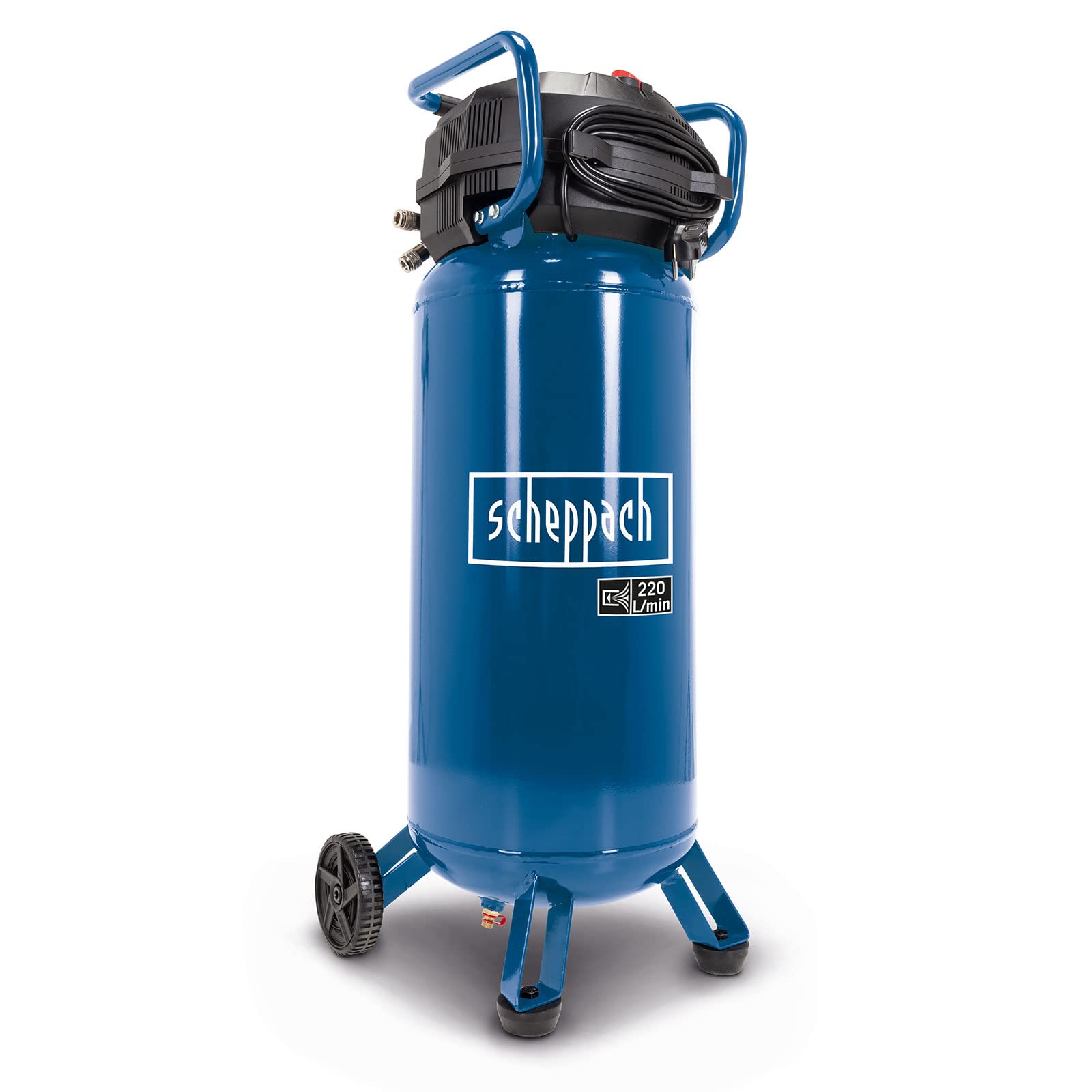 Scheppach Druckluft Kompressor stehend HC51V | 1500W mit 10bar Druck | 50L Kessel | Ansaugleistung 220 l/min | ölfrei/wartungsarm | Druckminderer, Fahrvorrichtung & 2 Schnellanschlusskupplungen