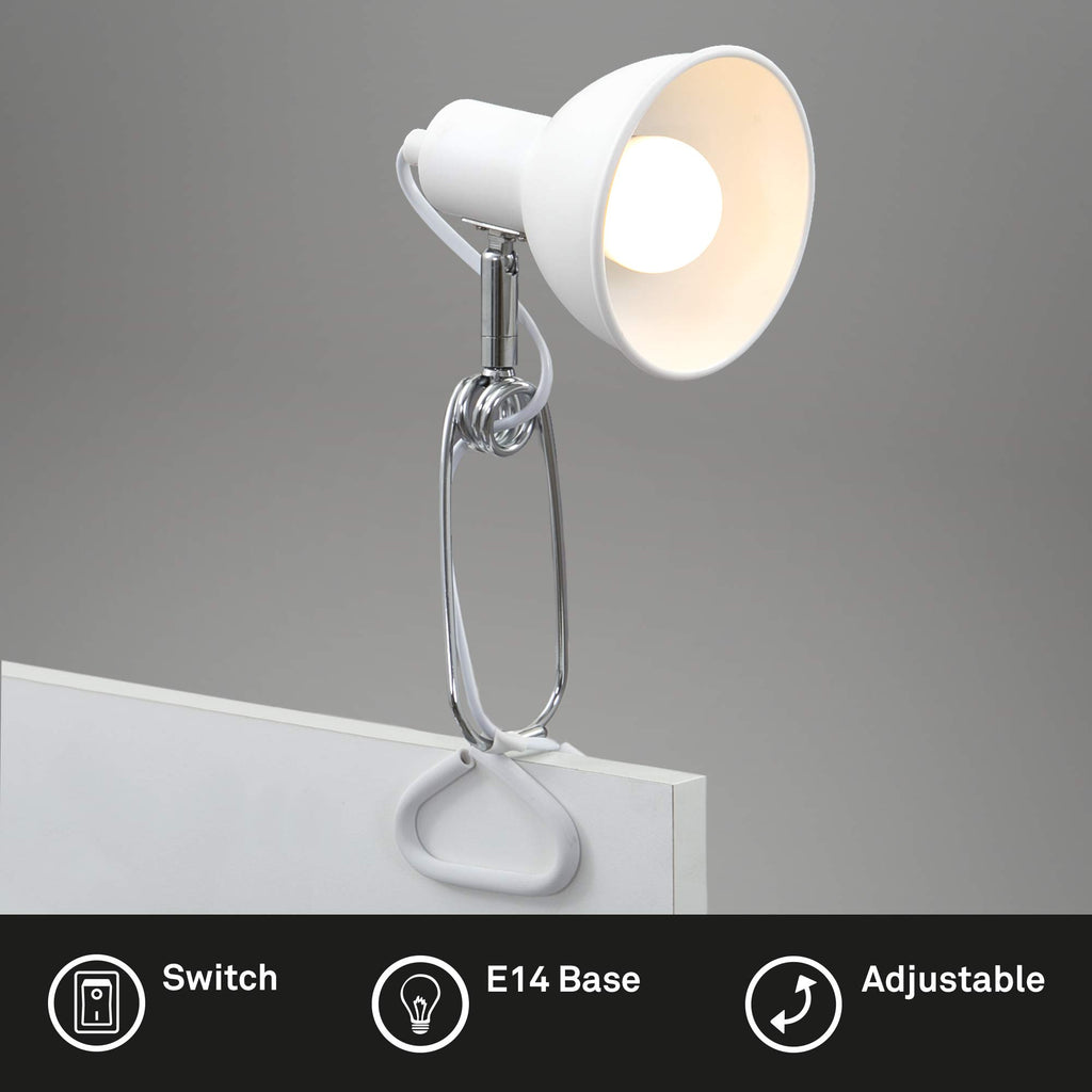 BRILONER - Schreibtischlampe mit Kabelschalter, schwenkbar, E14 Fassung, max. 8 Watt, Klemmlampe, Klemmleuchte, Nachttischlampe, Leselicht Kinder, Bürolampe, Leselampe Bett, 30,5x11x13 cm, Weiß