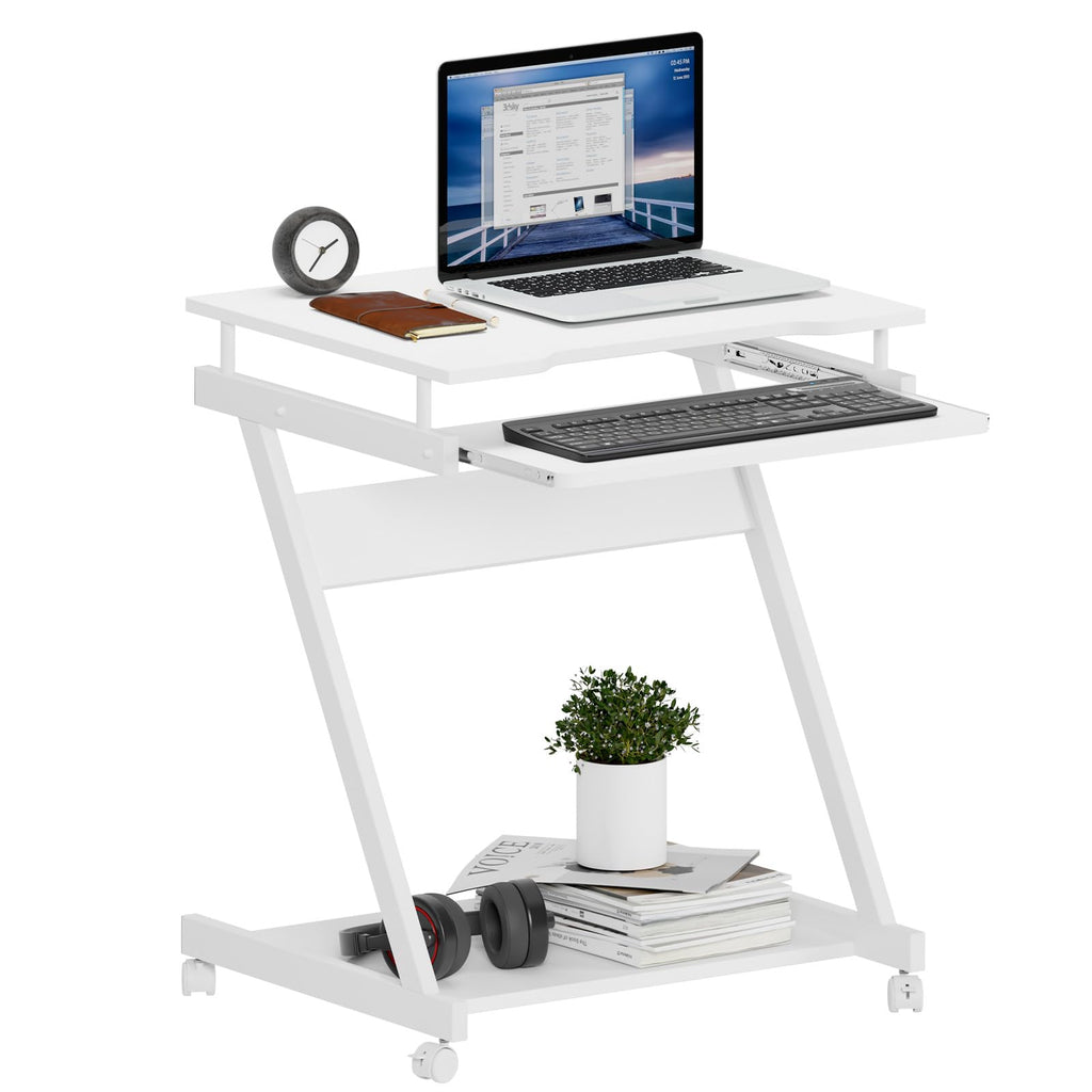 SogesHome Schreibtisch Klein Computertisch mit 4 Rollen 2 Davon mit Bremsen PC-Tisch in Z-Form mit Tastaturauszug für Zuhause und Büro, 60 x 48 cm