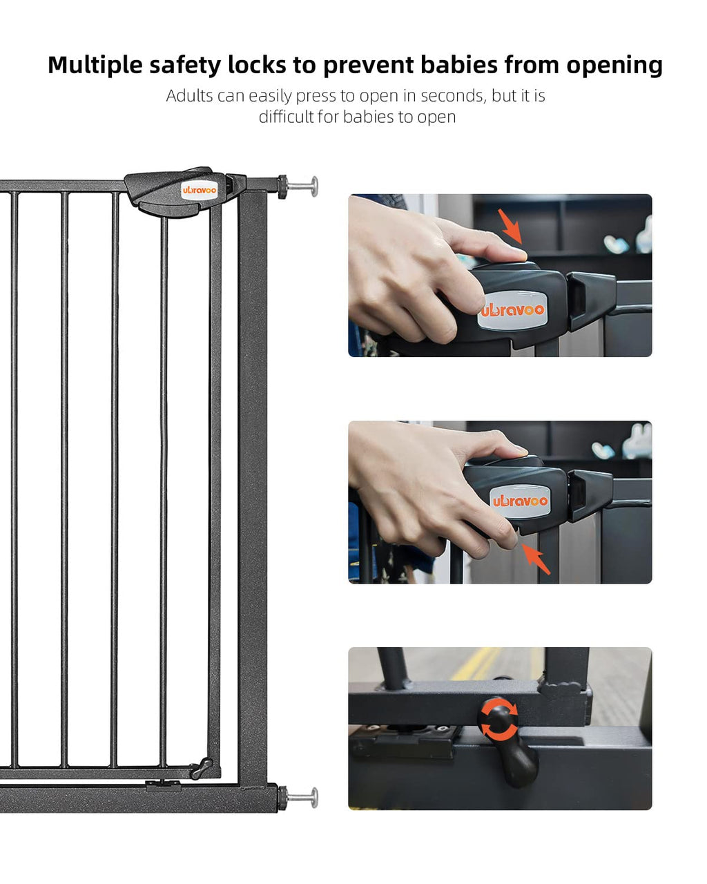 UBRAVOO Babygitter für Türen und Treppen, Höhe 100 cm, Sicherheits-Haustiergitter, Spannungstyp, automatische Schließung, hohe Ausführung, dreifache Verriegelung, offen (Breite: 95-104cm)