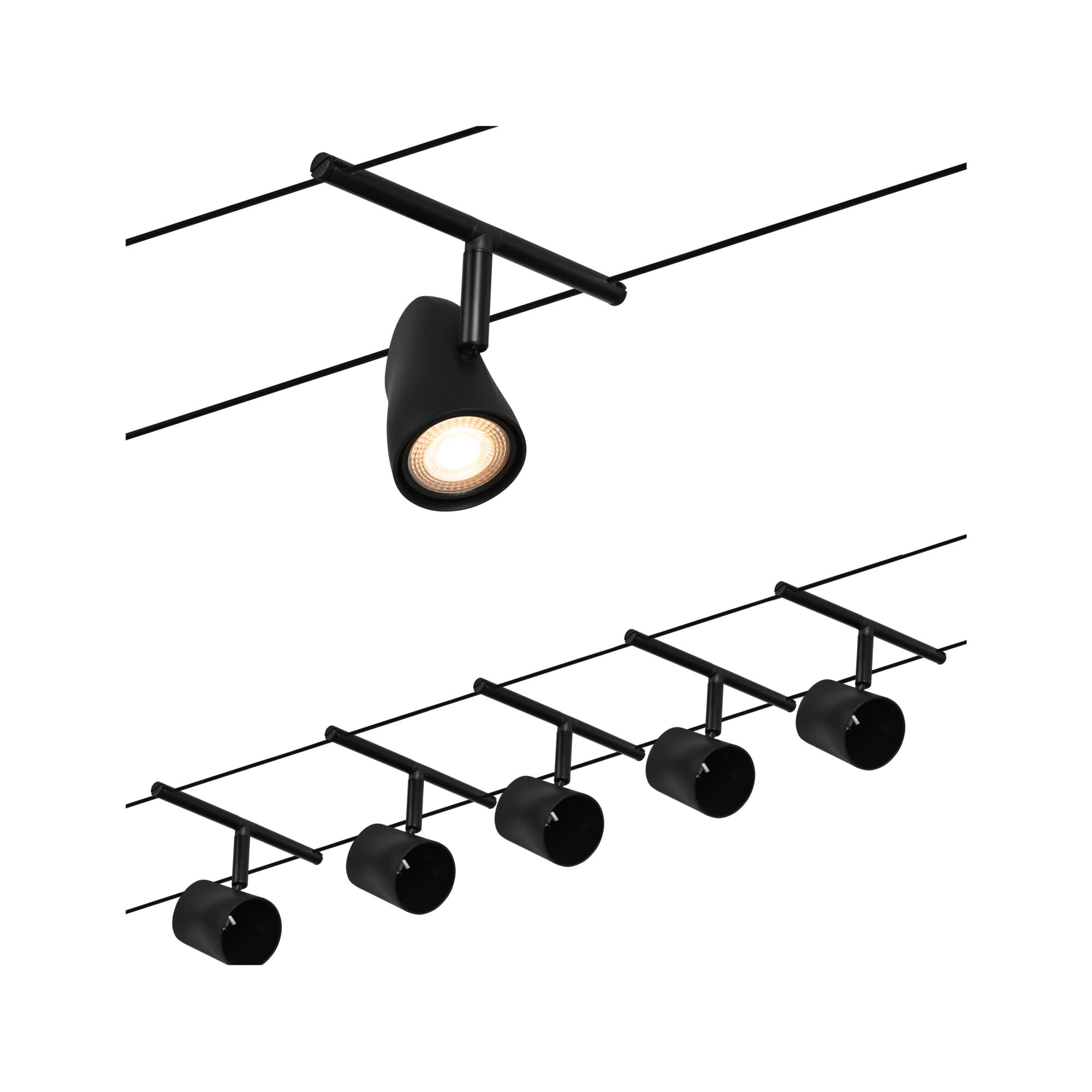 Paulmann 94469 CorDuo Seilsytem Set Cup DC max. 5x10 Watt erweiterbar Schwarz matt Kunststoff, Metall GU5,3 Drahtseilsystem ohne Leuchtmittel