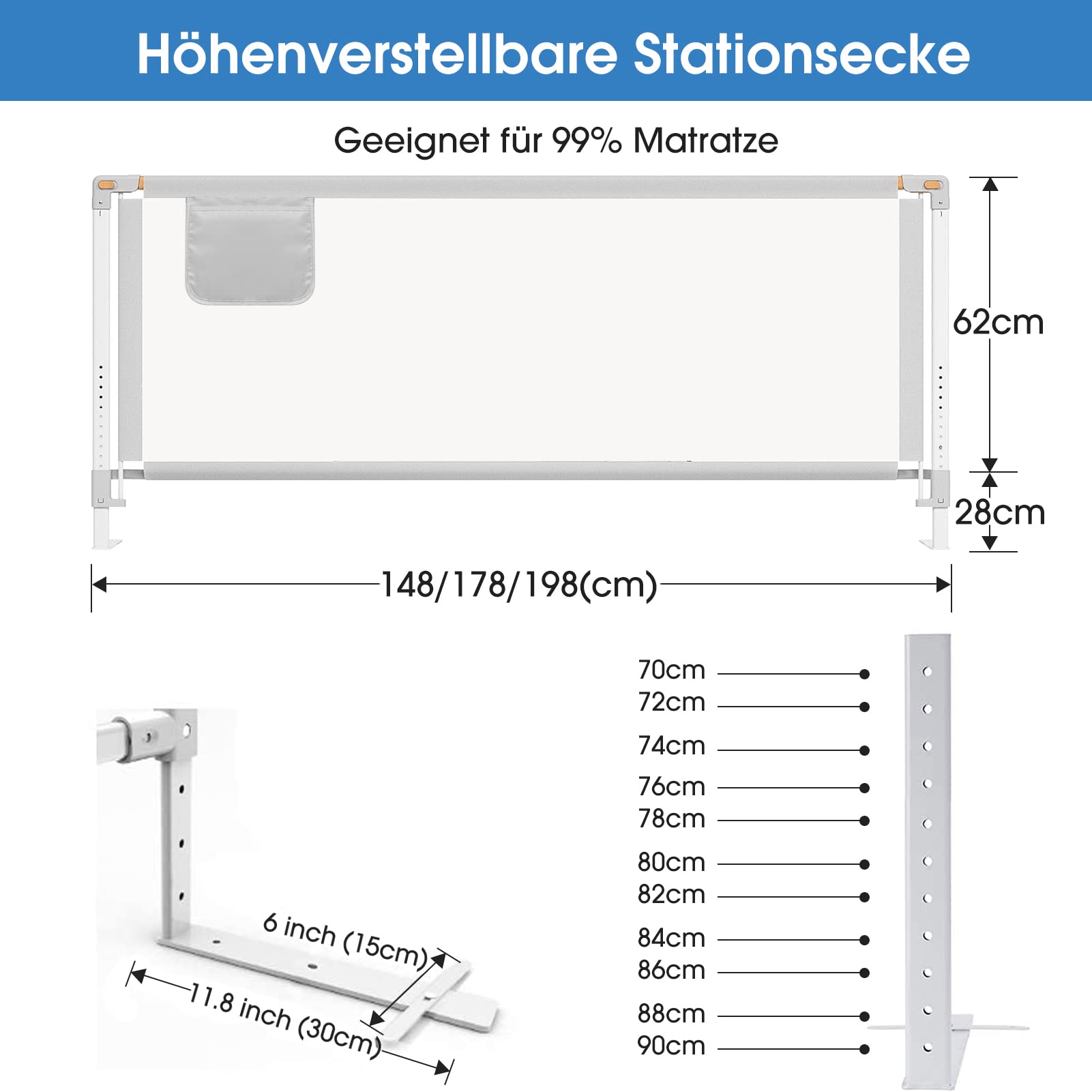 YIKANWEN Bettgitter, 200cm Bettschutzgitter für Kinder ab 0-10 Jahren, einziehbare Kinderbettgitter Babybettgitter,passend für Kinderbetten, Elternbetten und Alle Massivholzbetten（Nur 1 Stück）