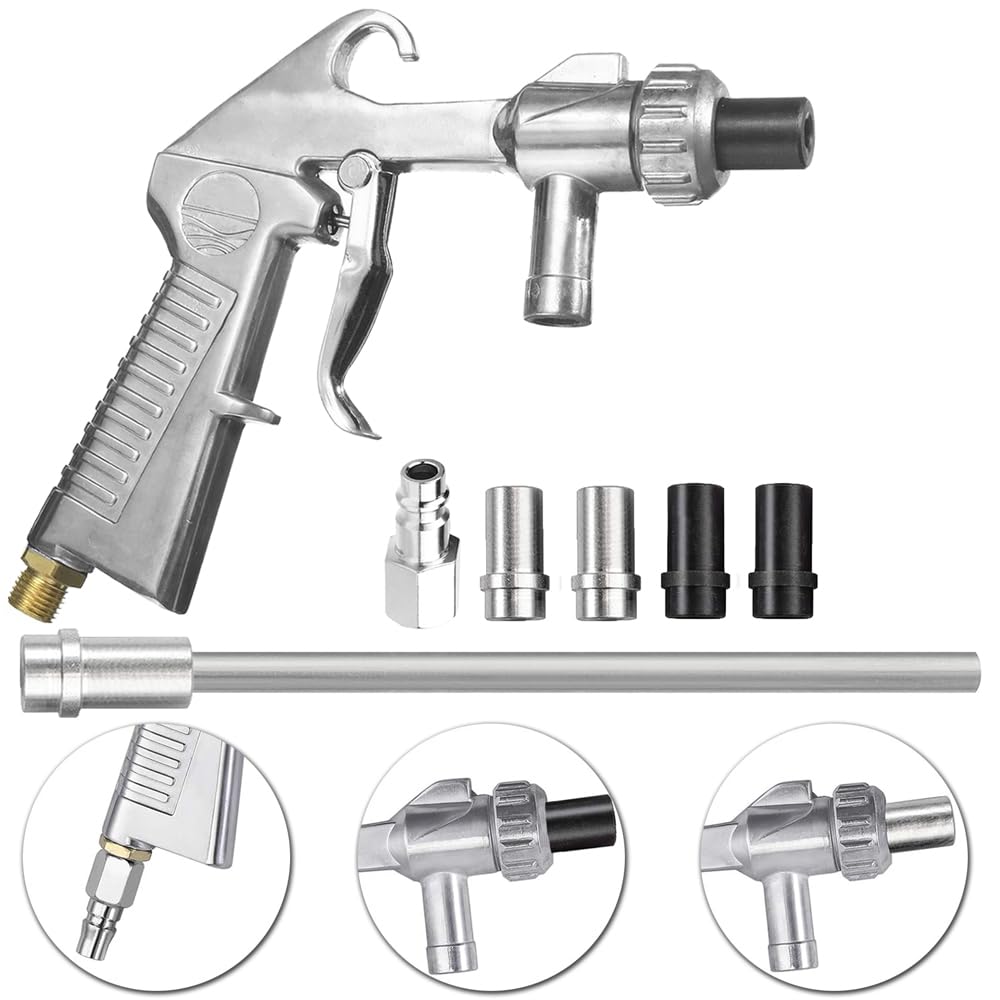 EUMAYES Sandstrahlpistole Druckluft Set, Sandstrahlen Pistole Kit mit Langer Sandstrahldüse und Metalldüsen von 5MM/6MM Kaliber, 1M Langem Gummischlauch und Luftanschlussnippel für Sandstrahlen