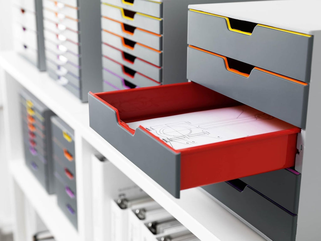 Durable Schubladenbox A4 (Varicolor) Ablagebox 5 Fächer, mit Etiketten zur Beschriftung, mehrfarbig, 760527