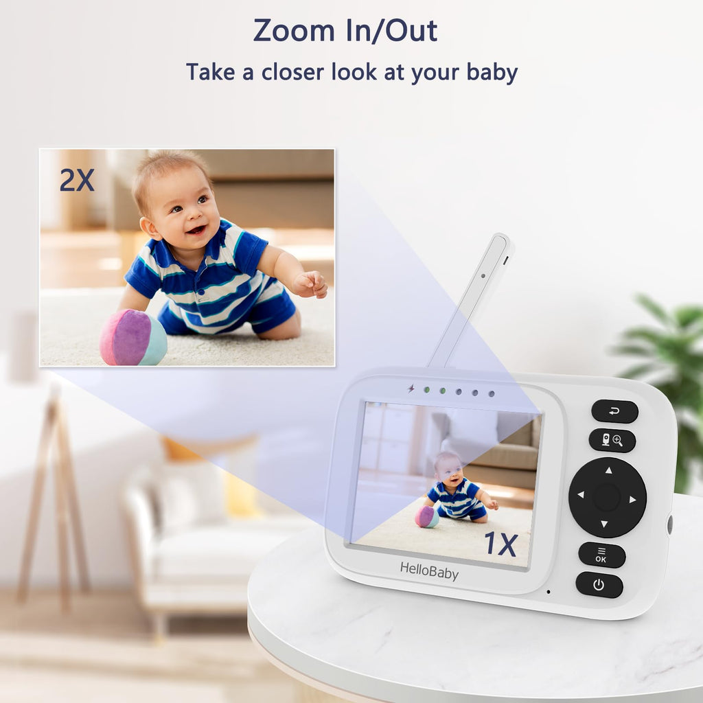 HelloBaby Babyphone mit Kamera, Video Babyphone ohne WLAN, 3,2 Zoll IPS Bildschirm,Nachtsicht, Winkel Manuell Einstellen, Reichweite 305m, ECO/VOX Audiomodus, Fütterungserinnerung,USB Ladegerät,HB2438