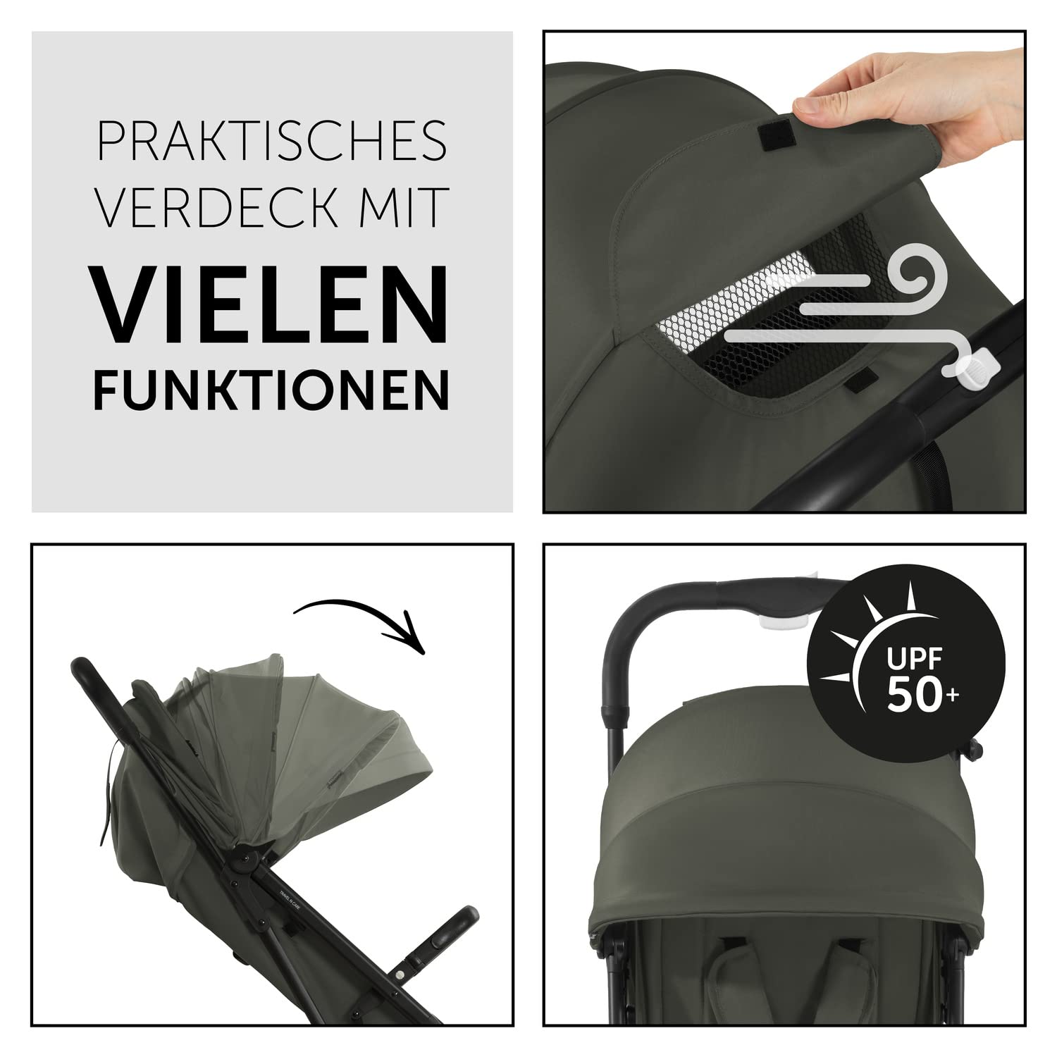 hauck Travel N Care, Dark Olive - Reise Buggy für Kinder ab Geburt bis 22 kg - mit Liegefunktion - Leicht 6,9 kg & Kompakt - Klein Zusammenklappbar - UPF 50+ - EVA Räder - Korb bis 3 kg
