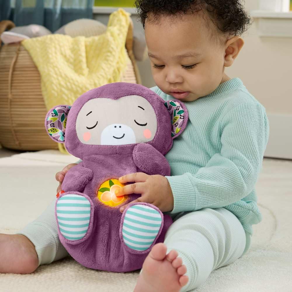 Fisher-Price Baby-Spielzeug Lila Schlummer-Affe, tragbare Plüsch-Spieluhr mit Atembewegungen und Lichtern für Neugeborene ab einem Alter von 0 Monaten, JLH41