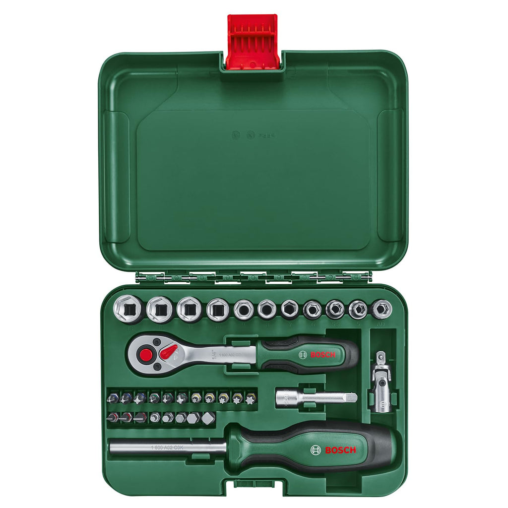 Bosch Ratschen / ¼"Steckschlüsselsatz-Set, 34-teilig (hochwertiger und vielseitiger Steckschlüsselsatz für zahlreiche Heimwerkeraufgaben; ergonomischer Griff mit Softgrip; magnetische Bit-Aufnahme)