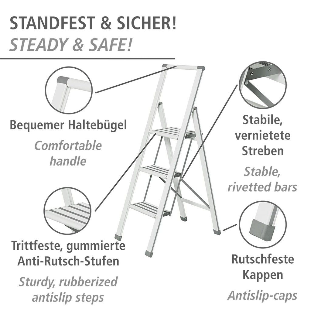 WENKO Leichte Aluminium Trittleiter mit 3 Stufen für 75 cm höheren Stand, rutschsichere XXL-Stufen, Design Klapptrittleiter, TÜV Süd Zertifiziert, 44 x 127 x 5,5 cm, Weiß