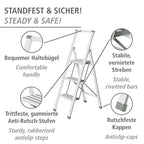 WENKO Leichte Aluminium Trittleiter mit 3 Stufen für 75 cm höheren Stand, rutschsichere XXL-Stufen, Design Klapptrittleiter, TÜV Süd Zertifiziert, 44 x 127 x 5,5 cm, Weiß