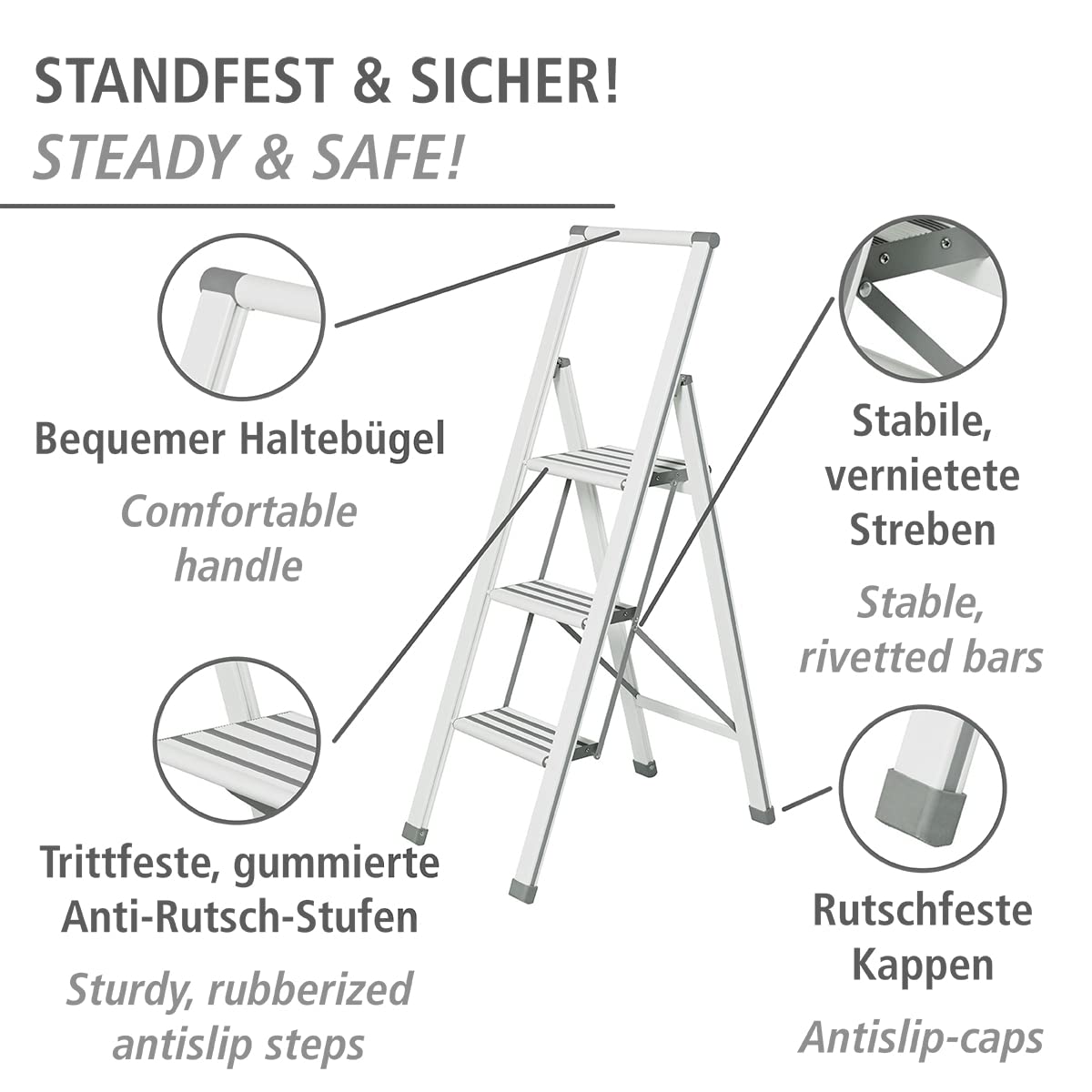 WENKO Leichte Aluminium Trittleiter mit 3 Stufen für 75 cm höheren Stand, rutschsichere XXL-Stufen, Design Klapptrittleiter, TÜV Süd Zertifiziert, 44 x 127 x 5,5 cm, Weiß