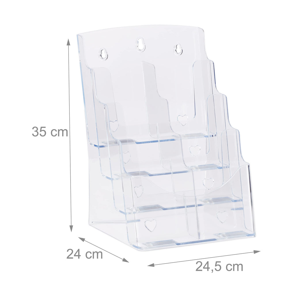 Relaxdays Prospekthalter A4 / DIN Lang, 4 Etagen, Acryl, Flyer Aufsteller Tisch & Wand, HBT: 35x24,5x24cm, transparent, 1 Stück, 10027299