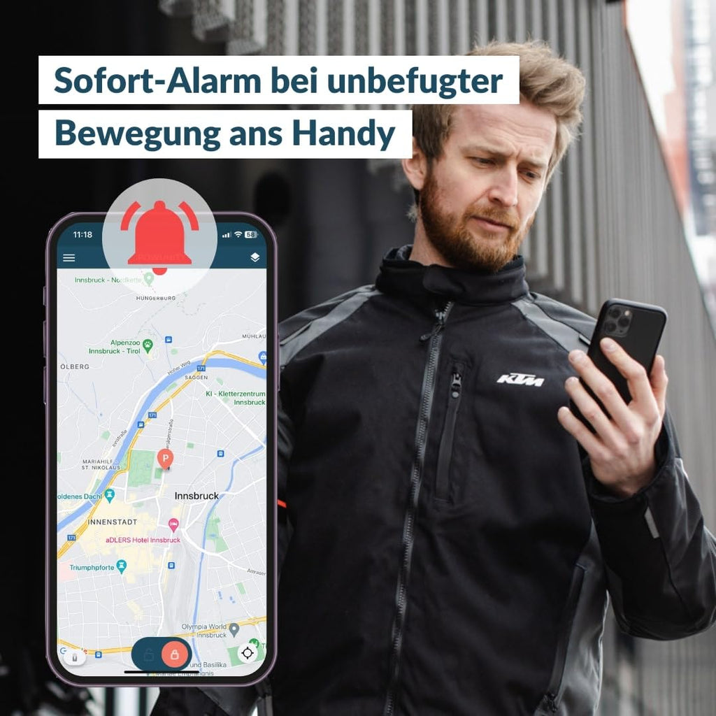 GPS-Tracker für E-Bikes — Motorrad kompatibel, lückenlose GPS-Übertragung in Europa — Diebstahlschutz, Echtzeit-Tracking mit Handy-App — inkl. SIM & Zusatzakku