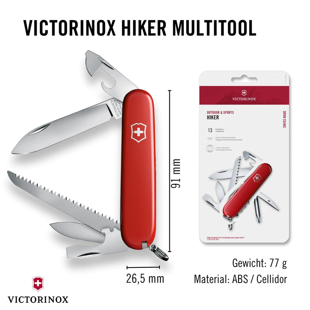 Victorinox Schweizer Taschenmesser Hiker, Swiss Army Knife, Multitool, 13 Funktionen, Klinge, Dosenöffner, Schraubendreher