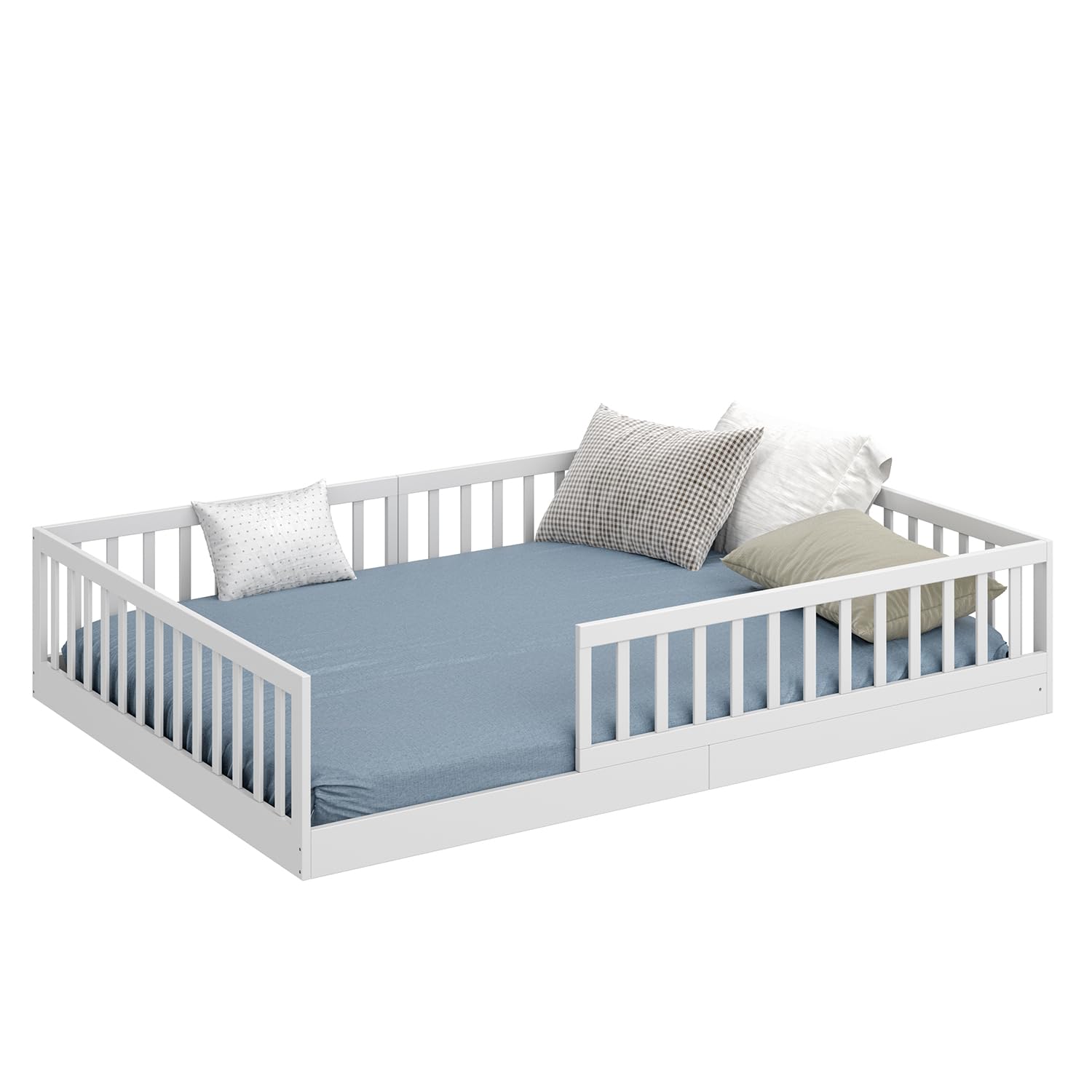 CADANI Timi Kinderbett 140x200 cm Bodenbett, Rausfallschutz abnehmbar, bis 200 kg belastbar, Roll-Lattenrost, Montessori Kiefer Massivholz Bett, 3 Aufbauvarianten, Umbaubar, Weiß