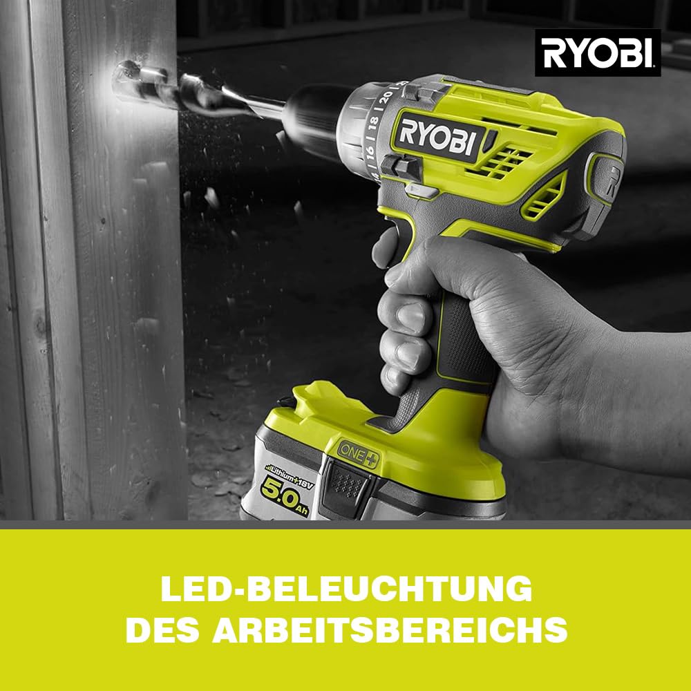 RYOBI 18 V ONE+ Akku-Bohrschrauber R18DD3-215S, 2-Gang-Getriebe, 13 mm Schnellspannbohrfutter, inkl. 2 x 1,5 Ah Akku und Ladegerät