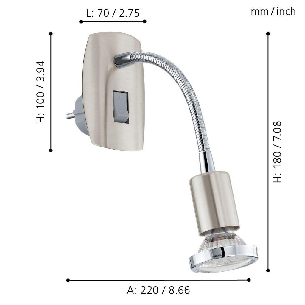 EGLO Steckdosenspot Mini, 1 flammige Steckerleuchte, Steckdosenlampe aus Stahl, Farbe: Nickel matt, chrom, Fassung: GU10, inkl. Schalter und Flexarm