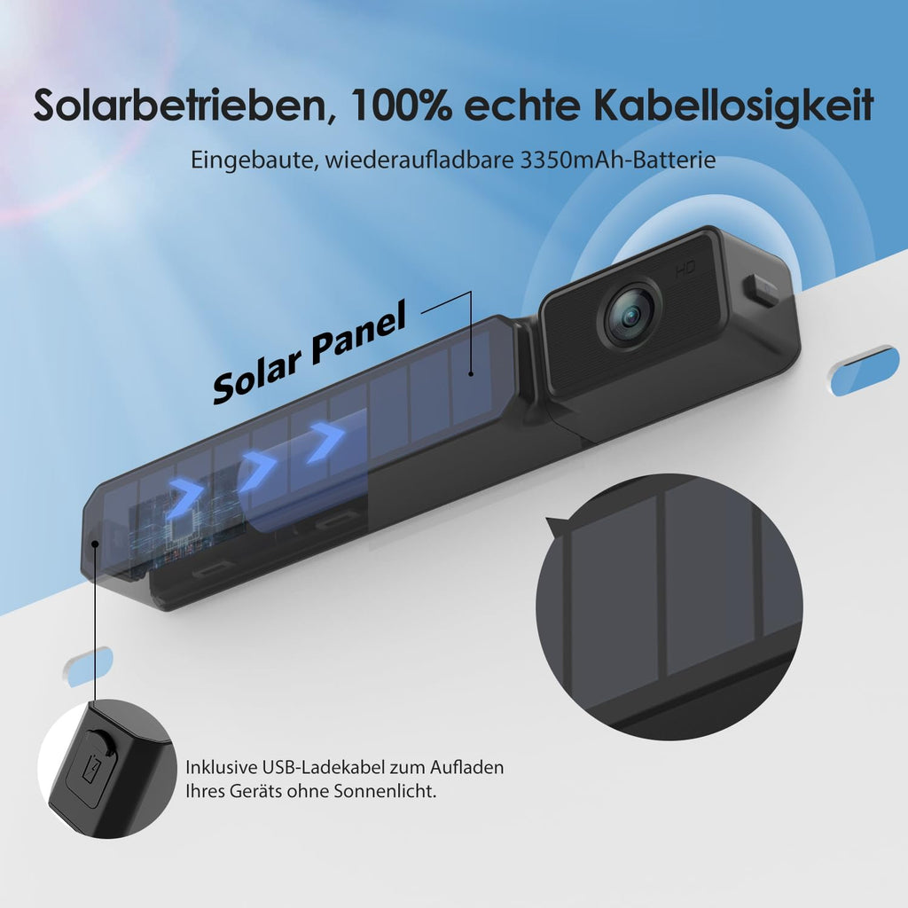 Foxpark Solar Kabellos Digital Rückfahrkamera Set (1080P), 3 Min. DIY Installation, Unterstützt 2 Kameras Funk mit 5" Monitor, IP69K Wasserdicht für Auto, SUV, Van, Wohnmobil